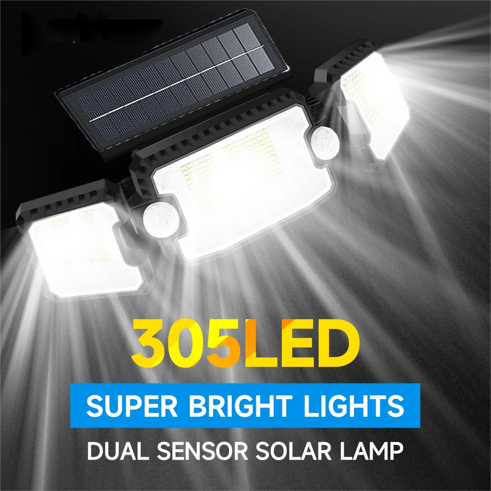1pc 305 LED Solar Light Outdoor, Dual Induction PIR Motion Sensor Flood Light, Solar Power Wall Lam